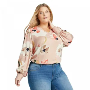 Ava & Viv Women's Plus Size Floral Print Long Sleeve V Neck Blouse