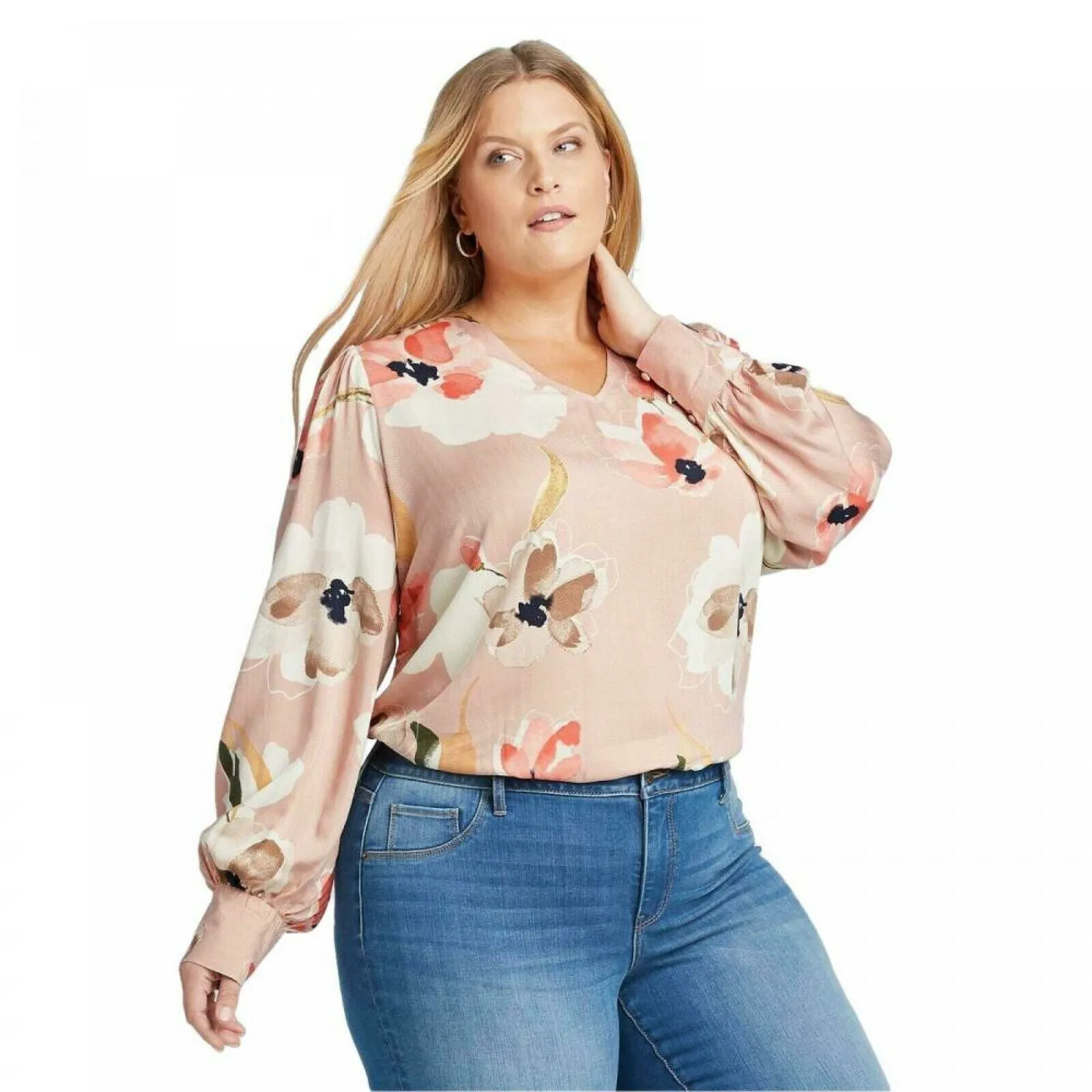 Ava & Viv Women's Plus Size Floral Print Long Sleeve V Neck Blouse