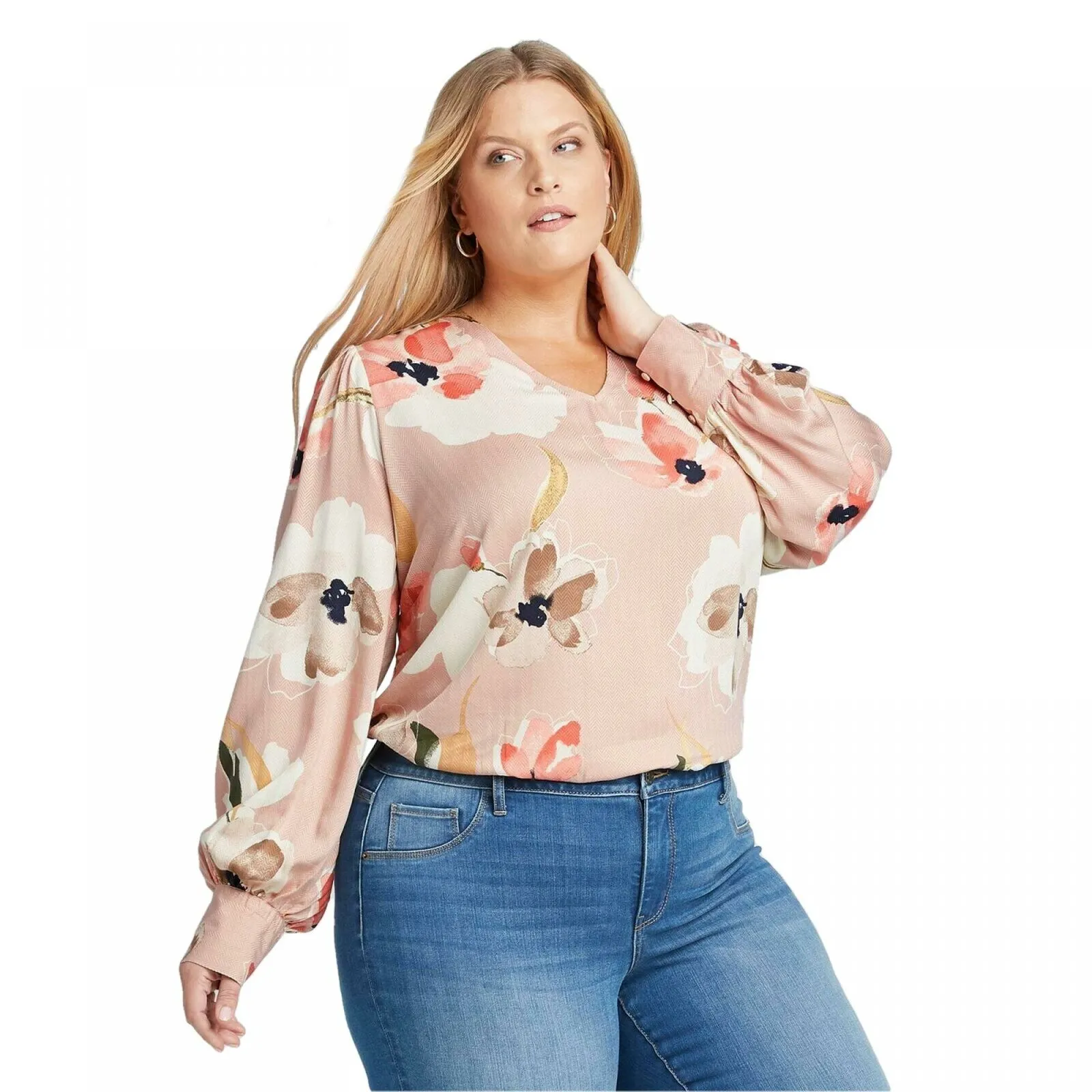 Ava & Viv Women's Plus Size Floral Print Long Sleeve V Neck Blouse