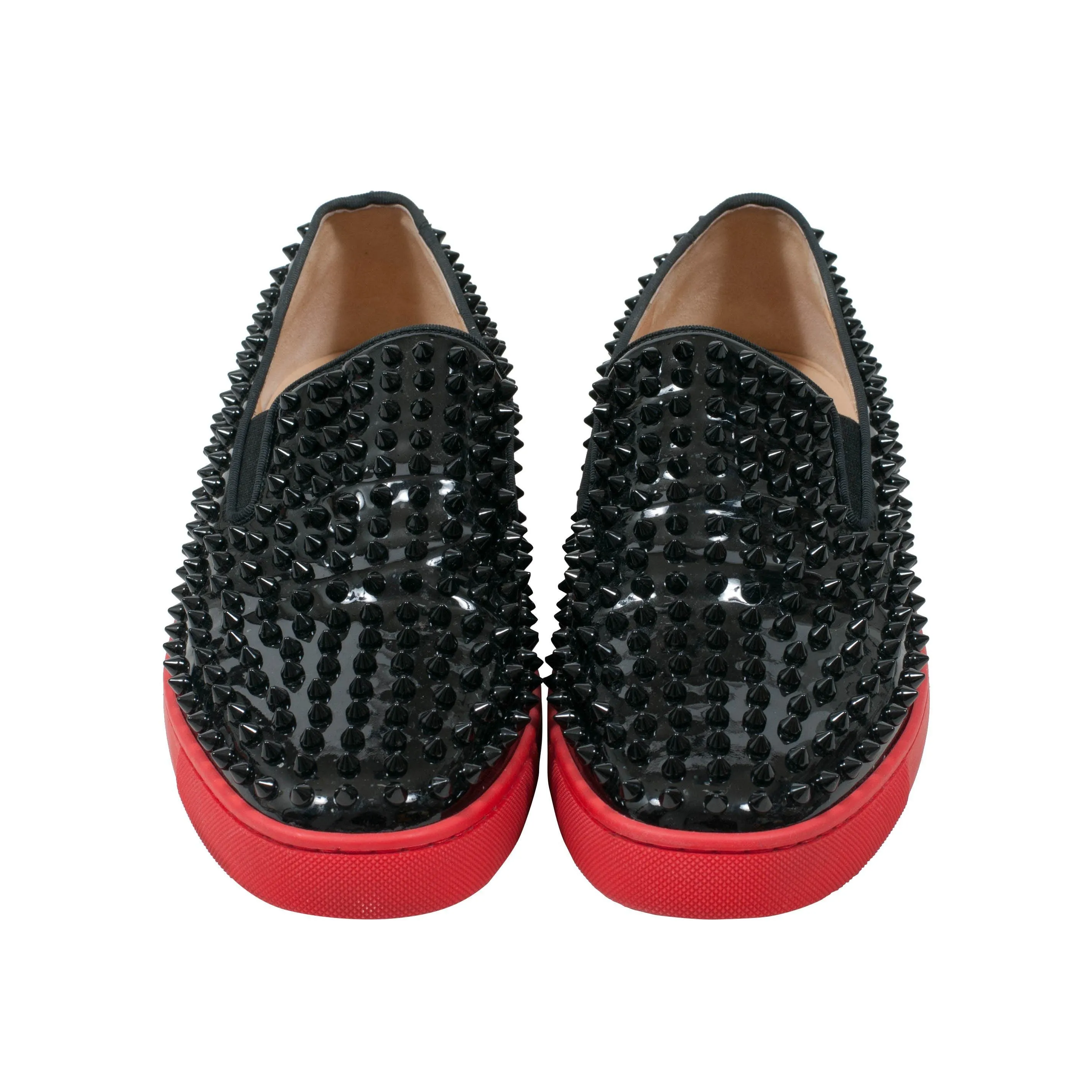 Black Patent Leather Roller Boat Spike Slip On Flats