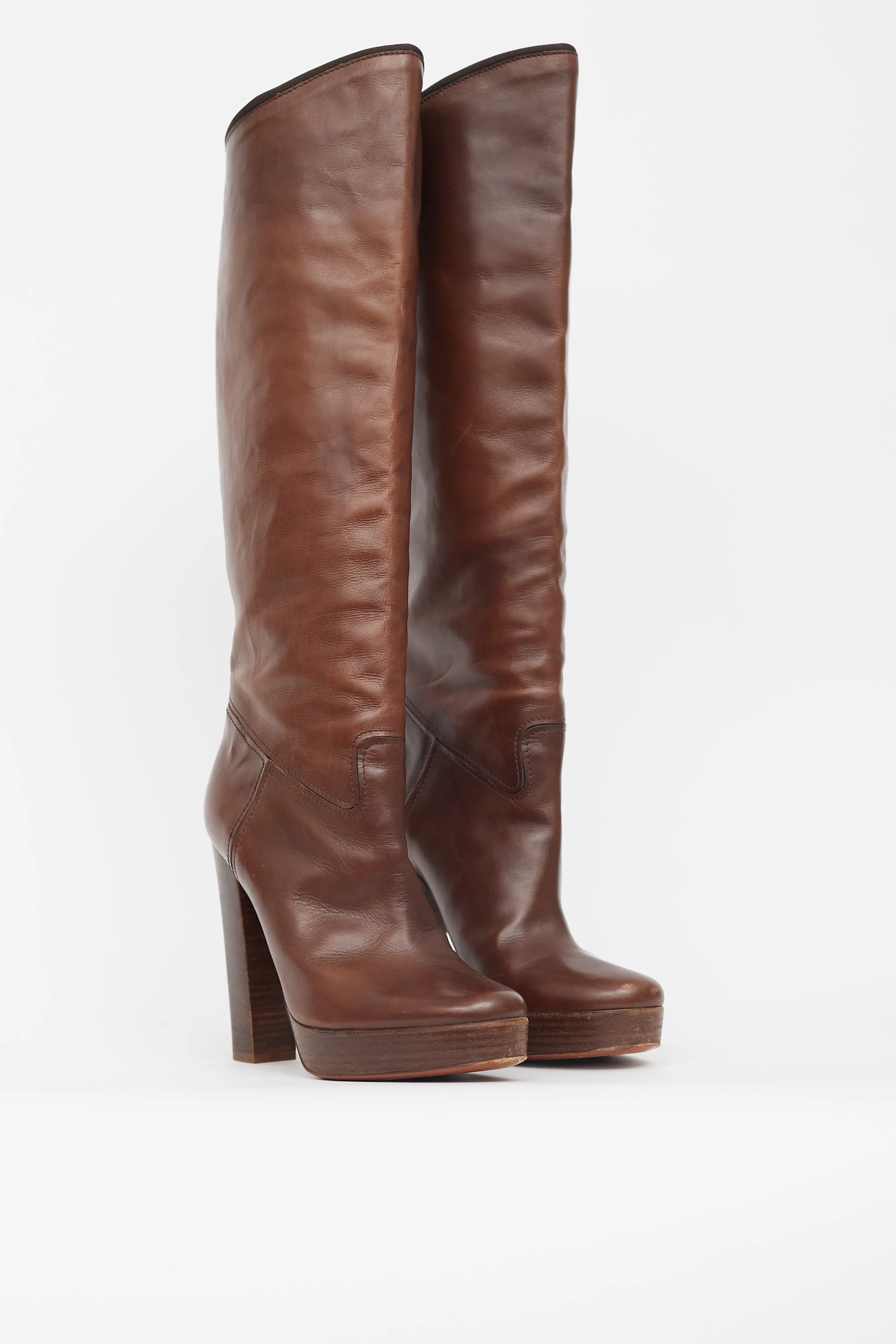 Brown Leather Knee High Pump Boot