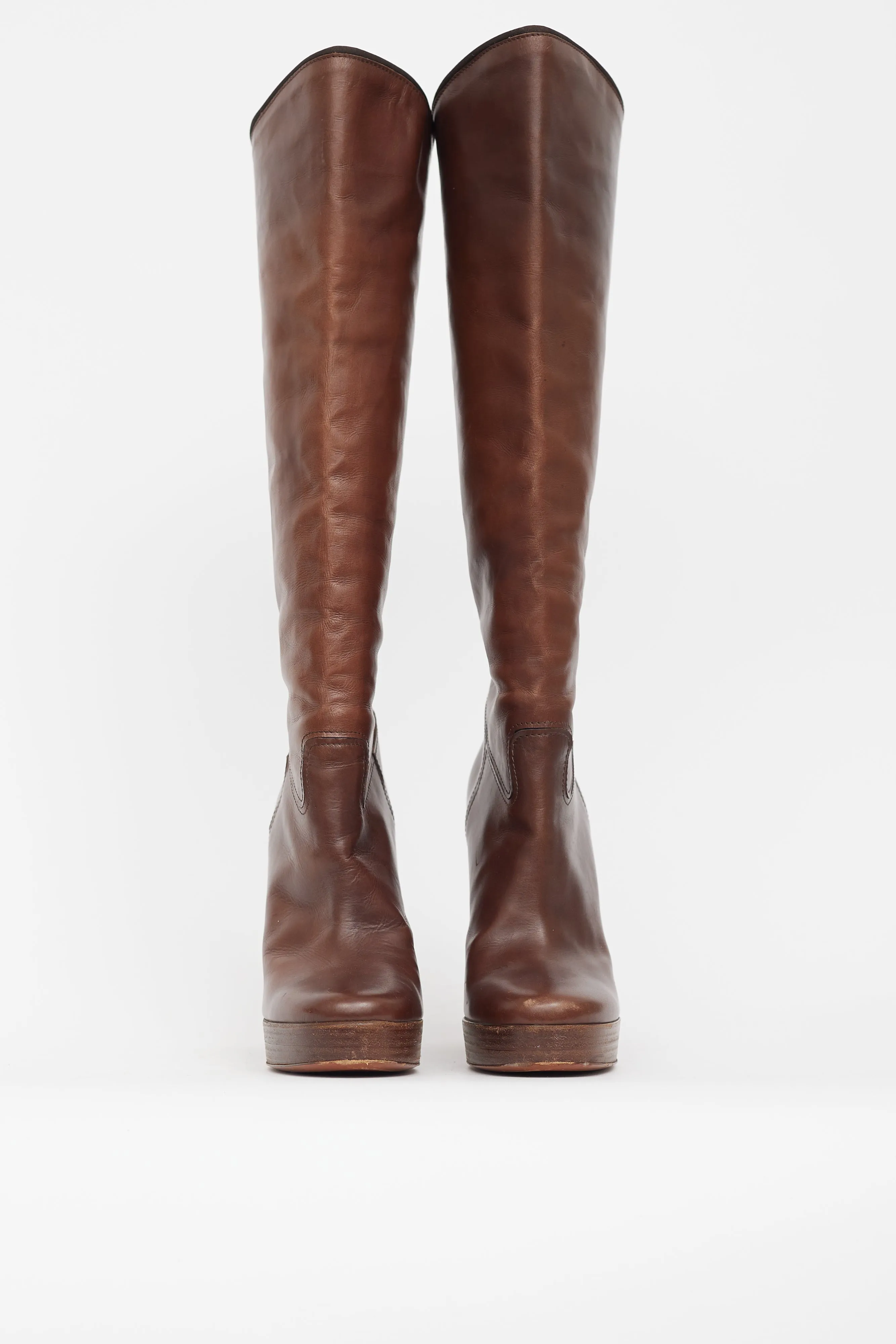 Brown Leather Knee High Pump Boot