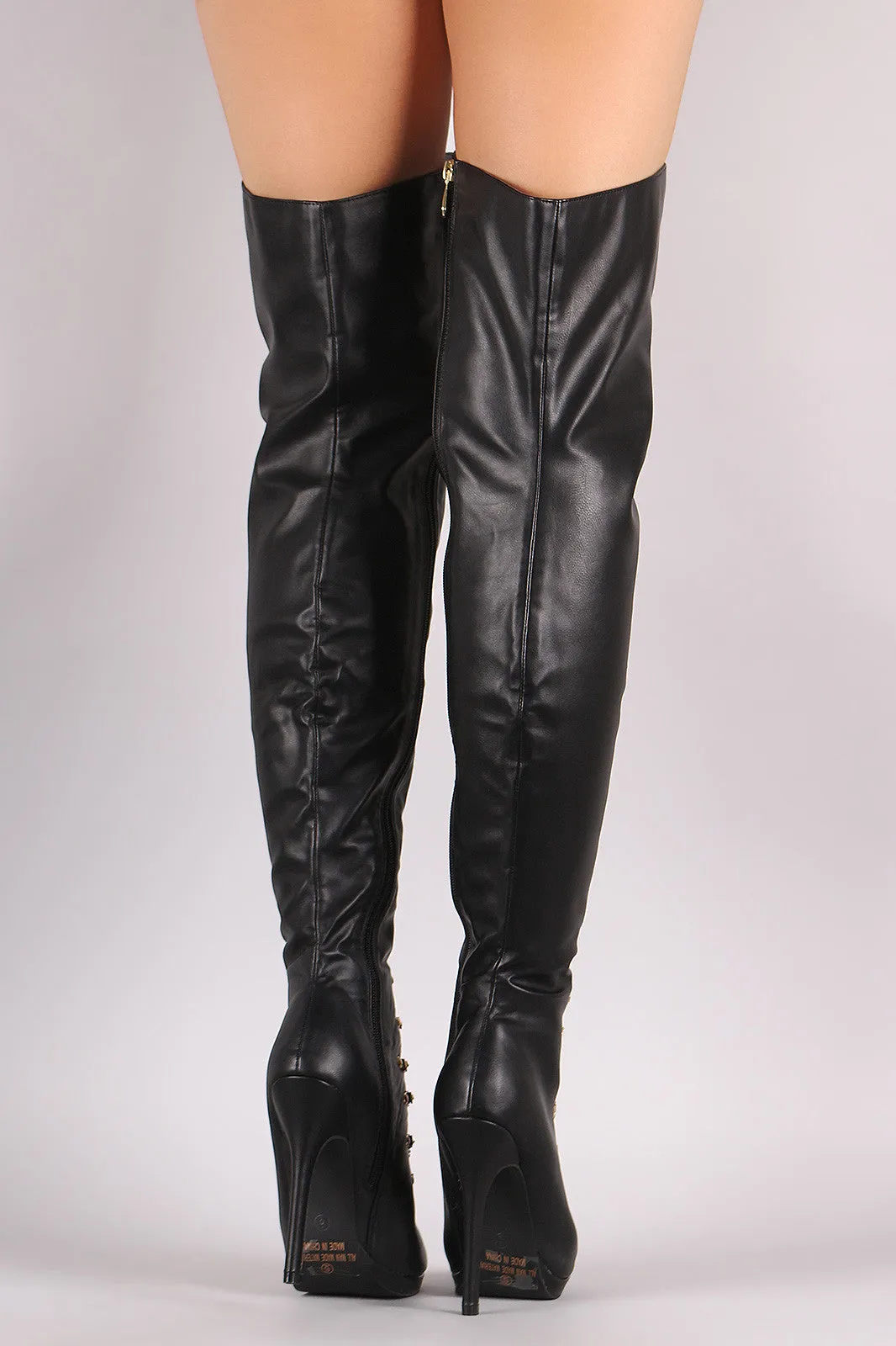 Chain Lace Up Fishnet Inset Stiletto Over-The-Knee Boots