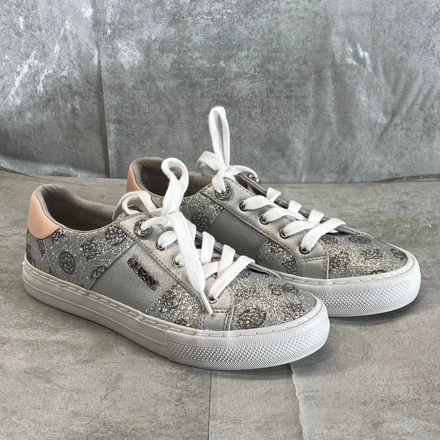 GUESS Women's Silver Glitter-Blush Loven Round-Toe Casual Lace-Up Sneakers SZ6.5
