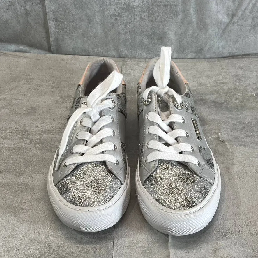 GUESS Women's Silver Glitter-Blush Loven Round-Toe Casual Lace-Up Sneakers SZ6.5