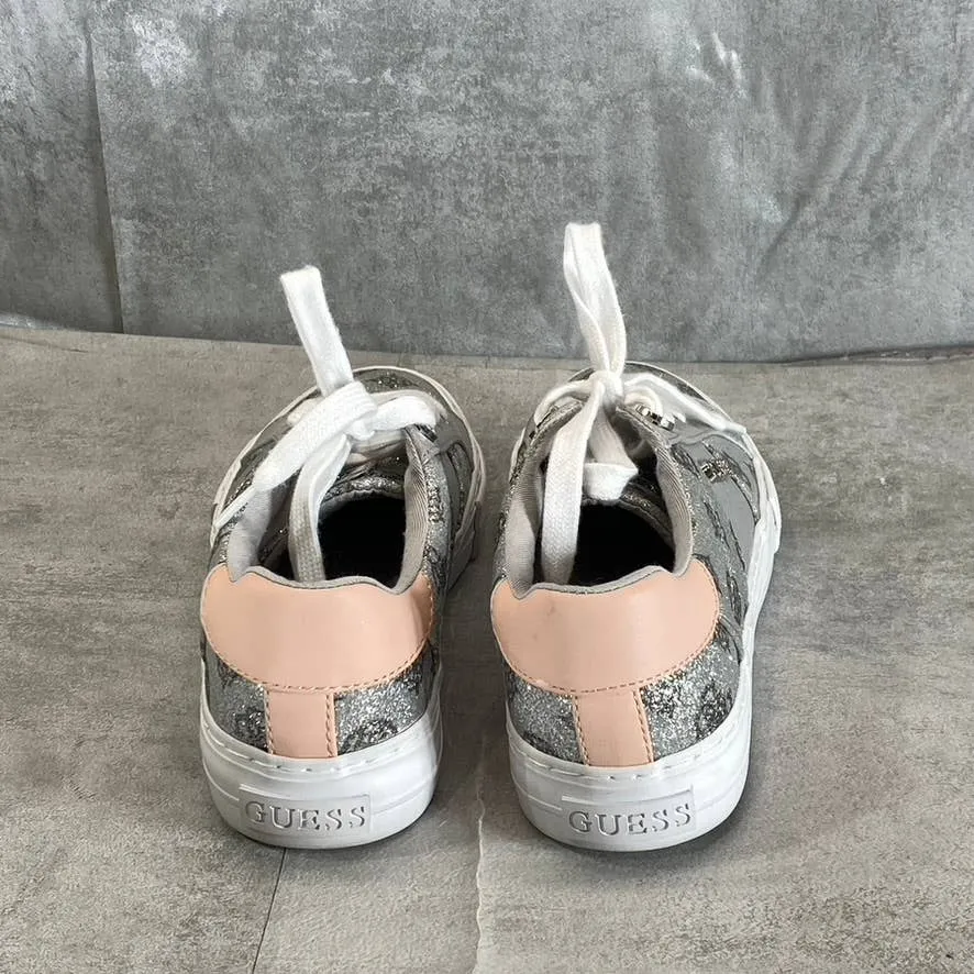 GUESS Women's Silver Glitter-Blush Loven Round-Toe Casual Lace-Up Sneakers SZ6.5