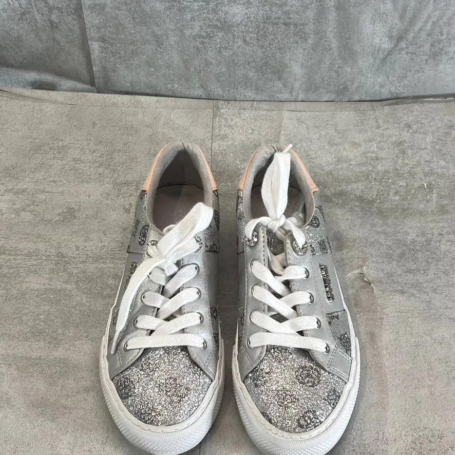 GUESS Women's Silver Glitter-Blush Loven Round-Toe Casual Lace-Up Sneakers SZ6.5