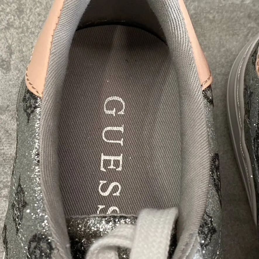 GUESS Women's Silver Glitter-Blush Loven Round-Toe Casual Lace-Up Sneakers SZ6.5