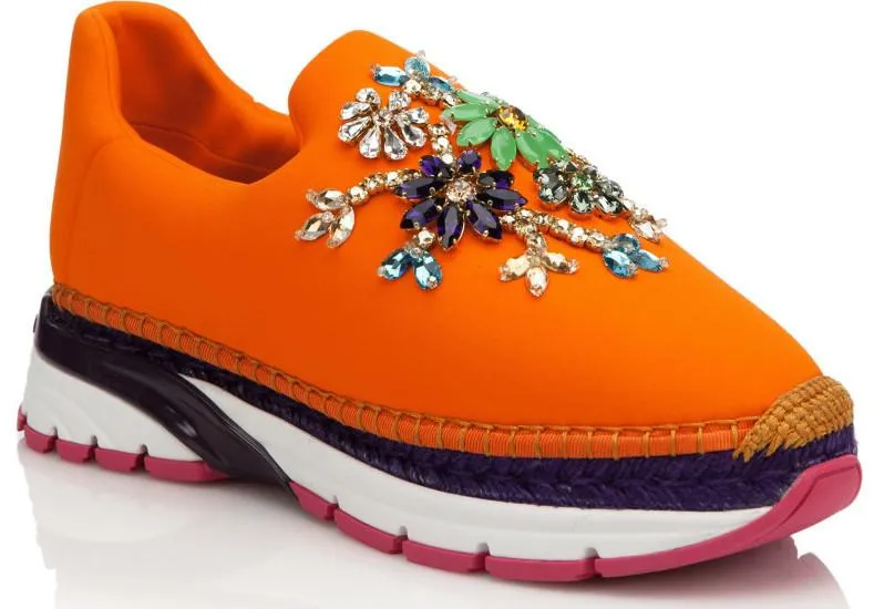 Jewel-Embellished Neoprene Slip-on Espadrille Sneakers - ( Orange, Yellow, Blue )