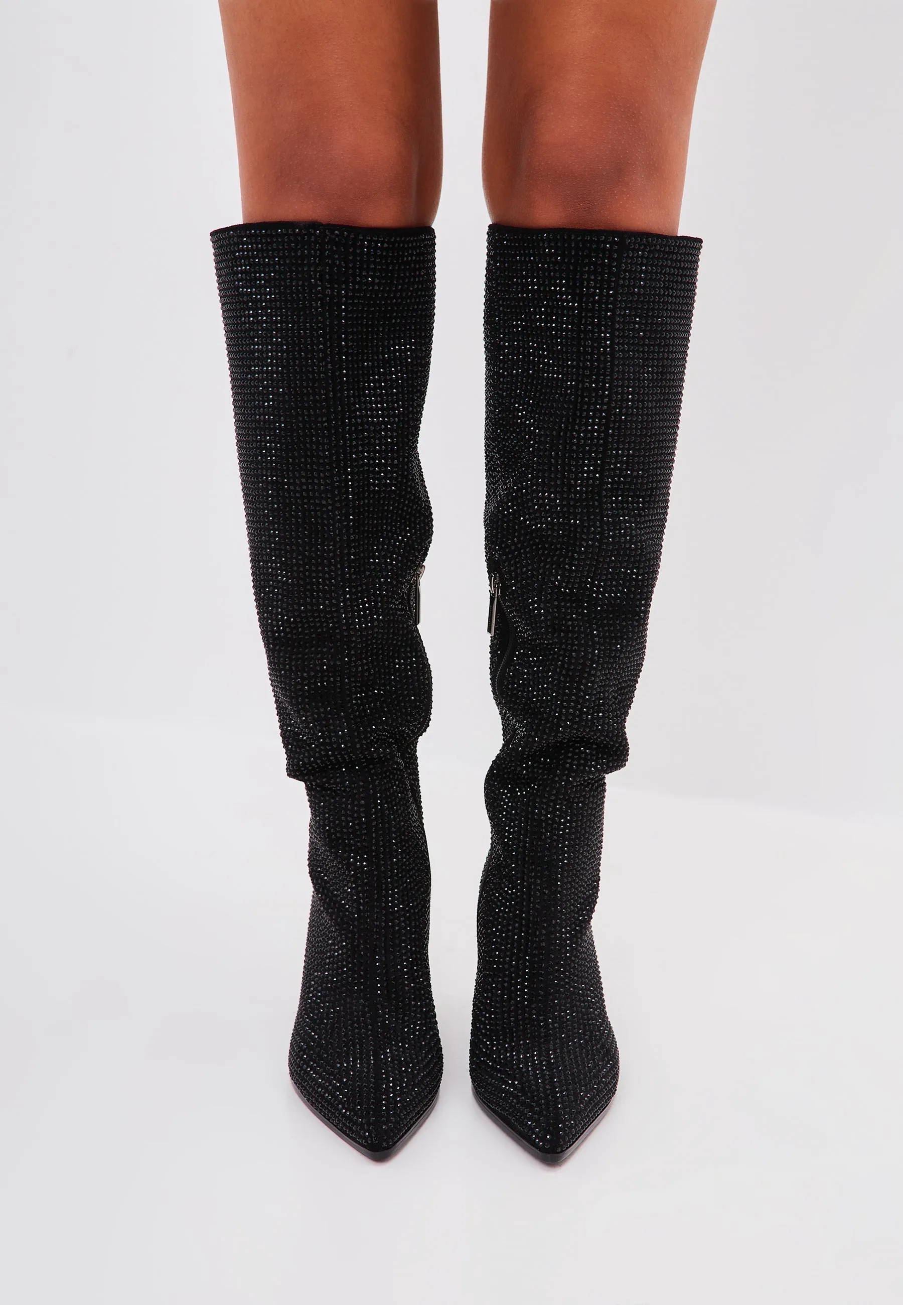Jewel Stiletto Knee High Boots Mili - Black