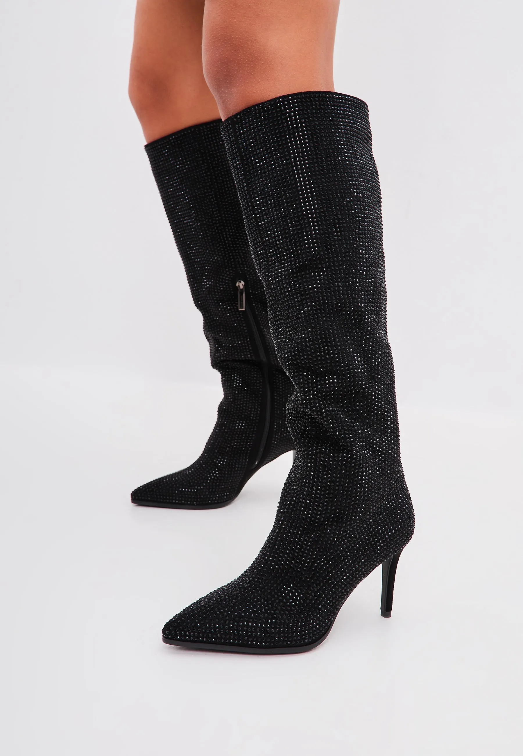 Jewel Stiletto Knee High Boots Mili - Black