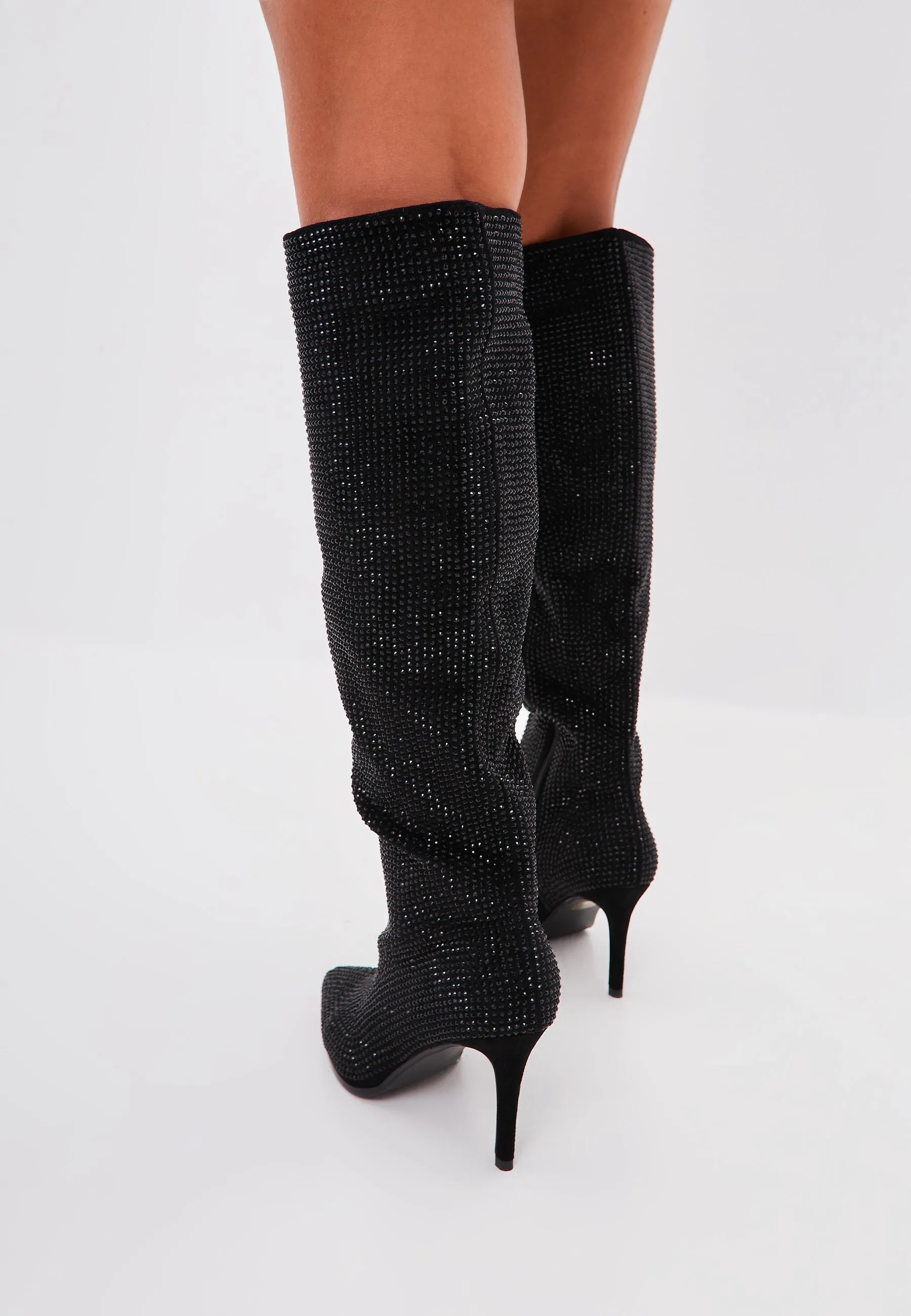 Jewel Stiletto Knee High Boots Mili - Black