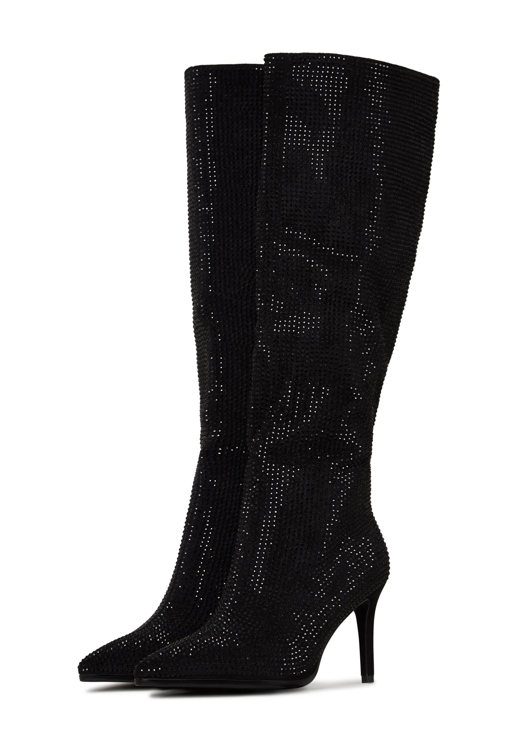 Jewel Stiletto Knee High Boots Mili - Black