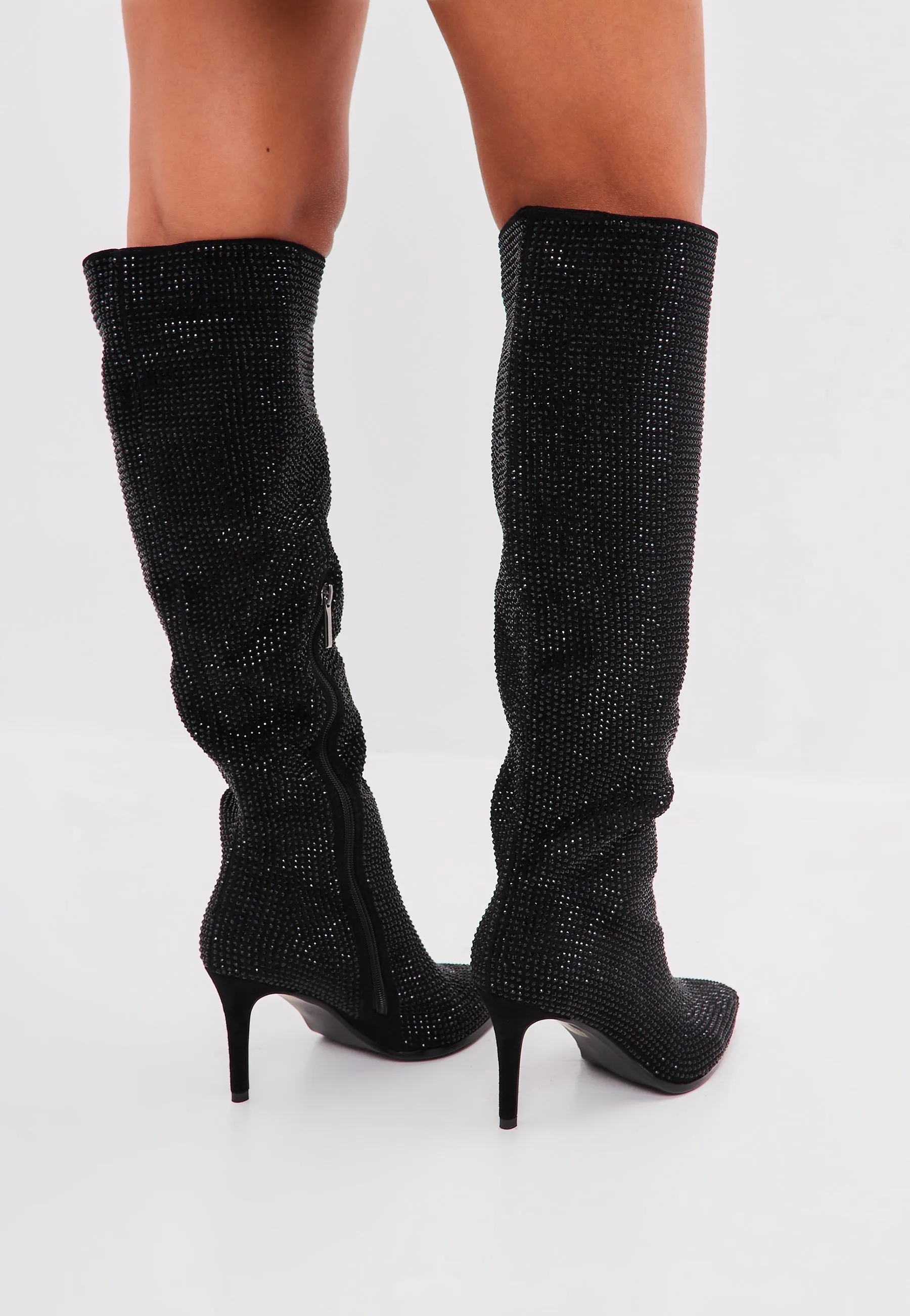 Jewel Stiletto Knee High Boots Mili - Black