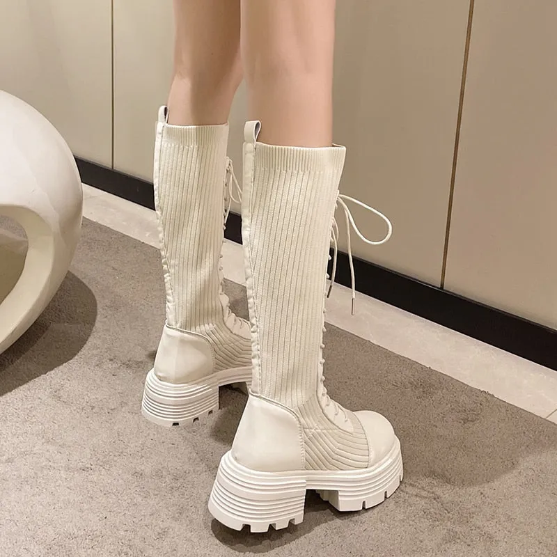 Knit Platform Knee High Boots