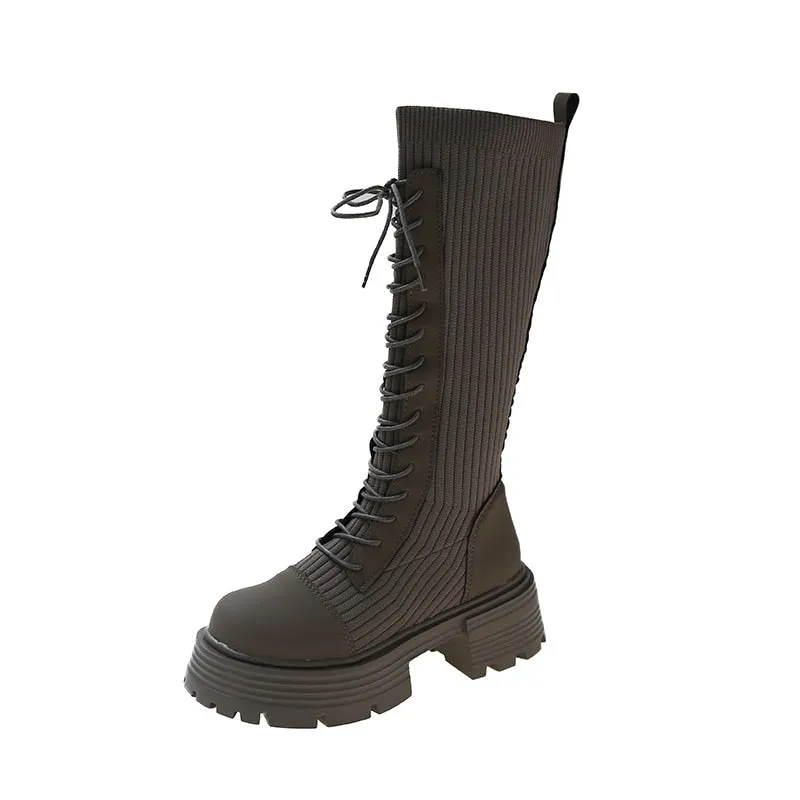 Knit Platform Knee High Boots