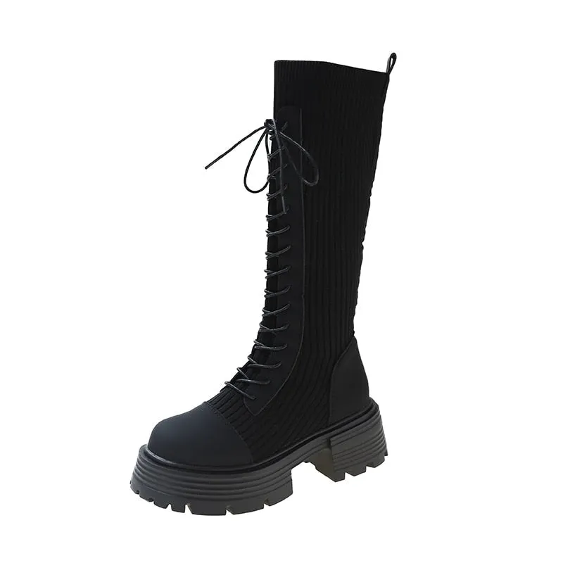Knit Platform Knee High Boots
