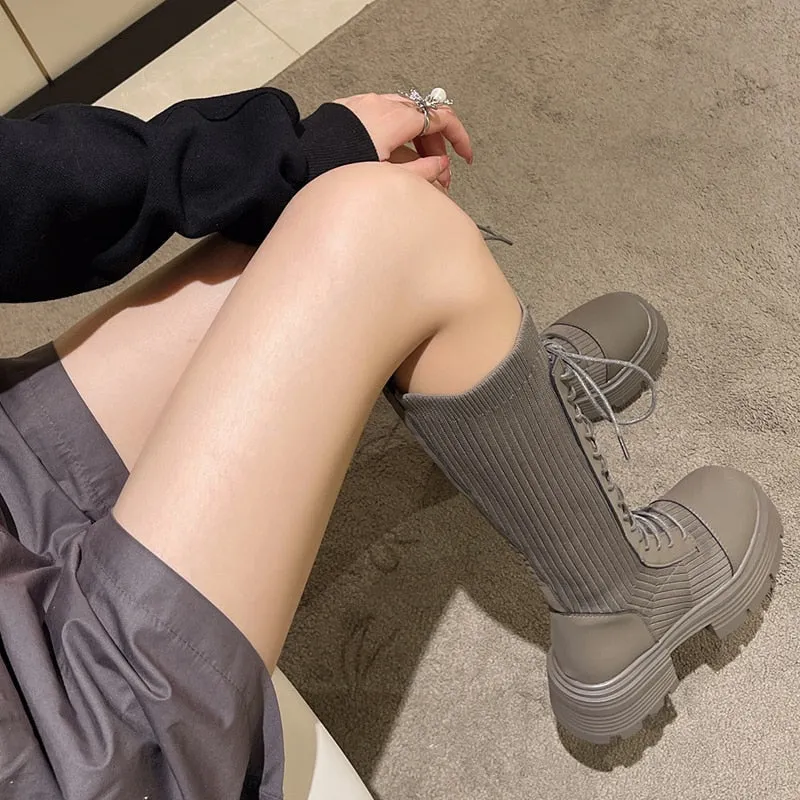 Knit Platform Knee High Boots