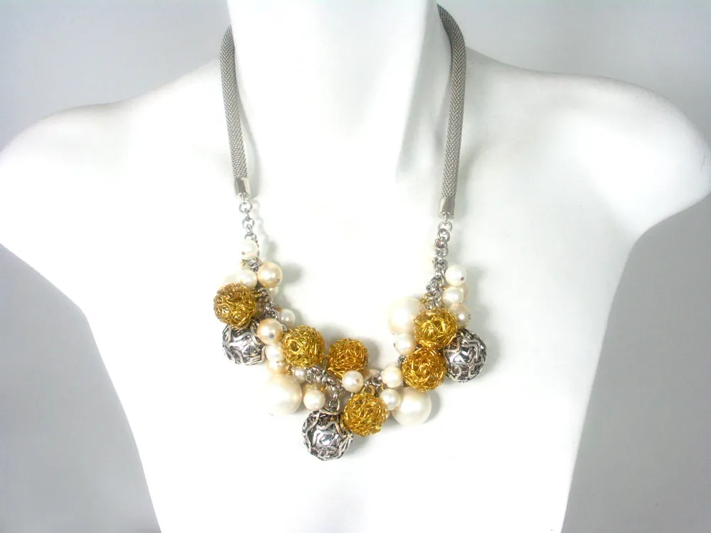 Mesh Necklace with Multi Color Mesh Beads and Faux Pearls