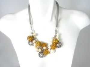 Mesh Necklace with Multi Color Mesh Beads and Faux Pearls
