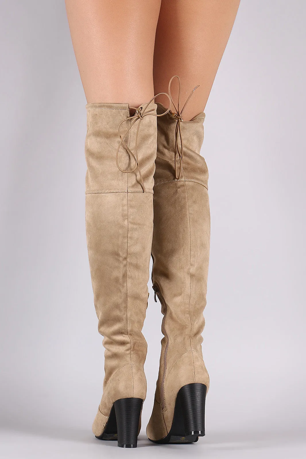 Suede Drawstring-Tie Chunky Heeled Boots