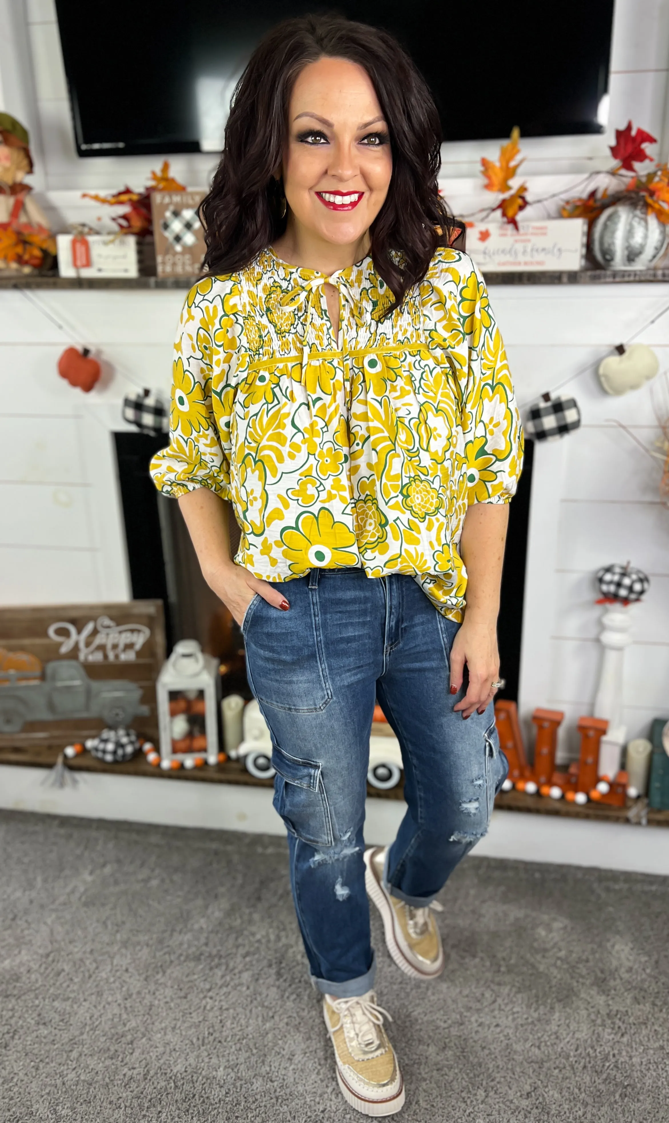 Umgee Mustard Floral Top