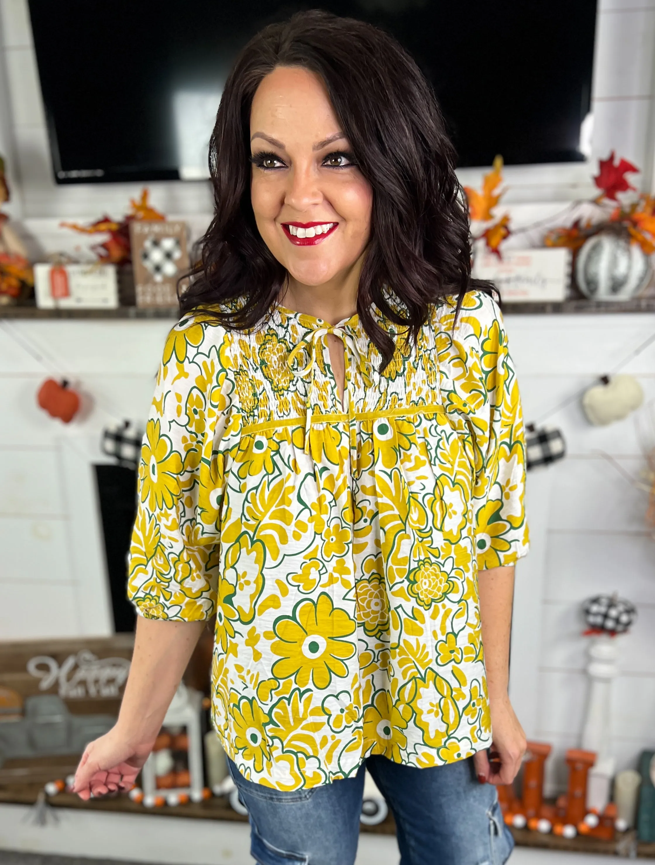 Umgee Mustard Floral Top