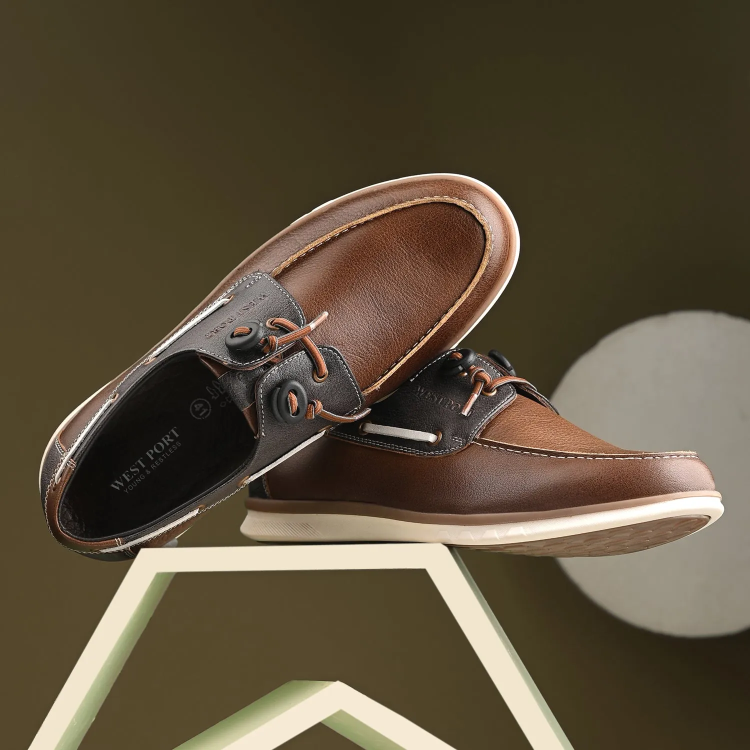 West Port Men Premium Leather Boat Shoes (Danial-66-Tan-Grey)