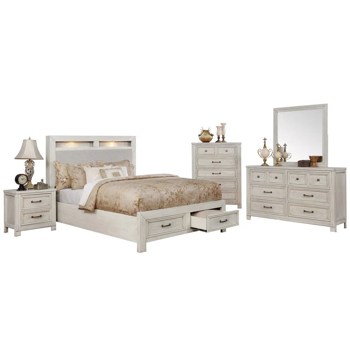 White Darcy Queen Storage Bed with Upholstered Headboard & LED Lights