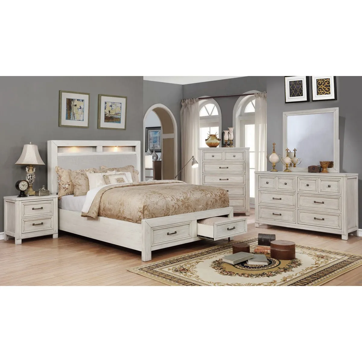 White Darcy Queen Storage Bed with Upholstered Headboard & LED Lights